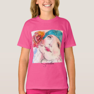 Camiseta Menina Mulher Rosa Aquarela Aqua Boina Rosa Telefo