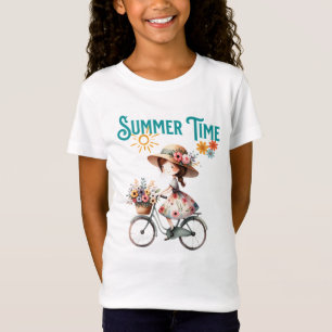 Camiseta Menina no Bicicleta com Flores no Verão