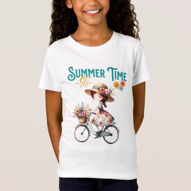 Camiseta Menina no Bicicleta com Flores no Verão (Frente)