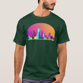 Camiseta Menina no horizonte da cidade numa noite de verão