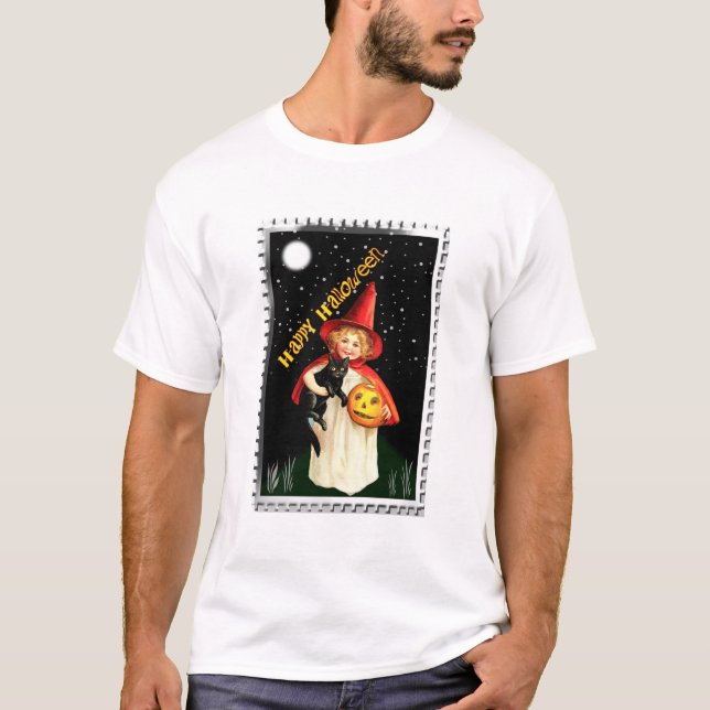 Camiseta Menina Nostálgica, Jack-o’-lantern e Gato (Frente)