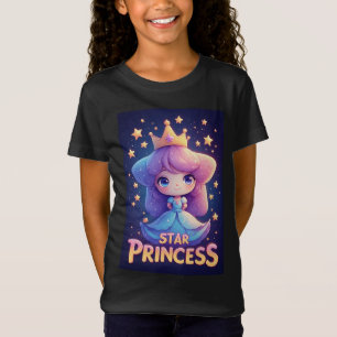Camiseta Menina Princesa Estrela Coroa Azul Vestido Magia ✨
