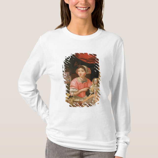 Camiseta Menina que guardara uma boneca em um interior (Frente)