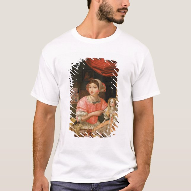 Camiseta Menina que guardara uma boneca em um interior (Frente)