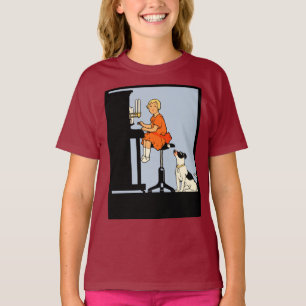 Camiseta Menina que joga o piano, cão, estilo retro