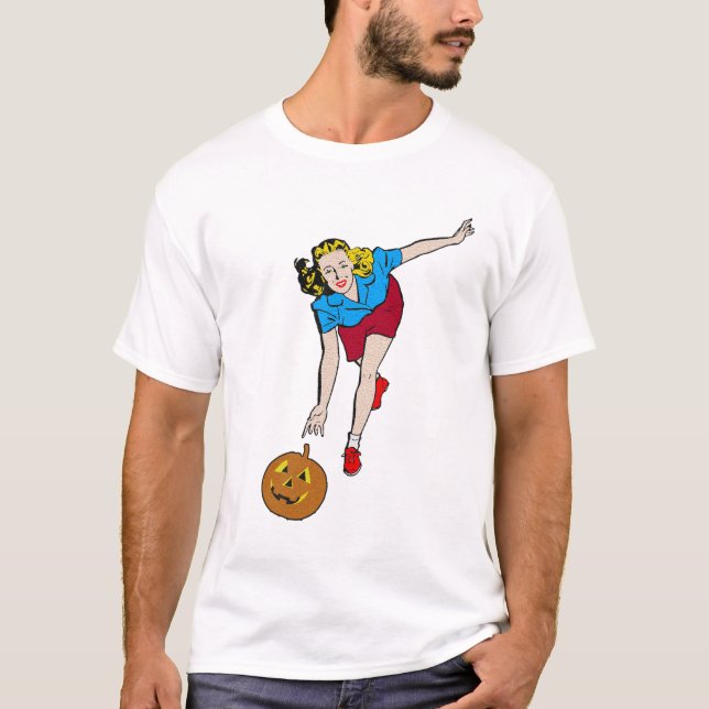 Camiseta Menina retro da boliche da abóbora do Dia das (Frente)