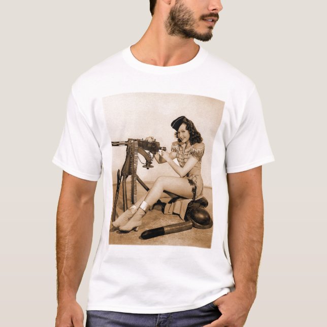 Camiseta Menina retro do artilheiro de máquina das mulheres (Frente)