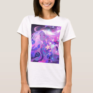 Camiseta Menina rosa cósmica e de animas roxas