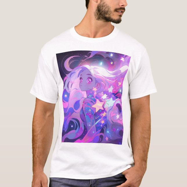 Camiseta Menina rosa cósmica e de animas roxas (Frente)