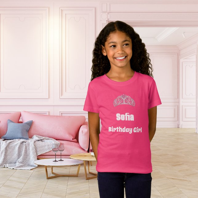 Camiseta Menina rosa de aniversário de nome de tiara (Criador carregado)