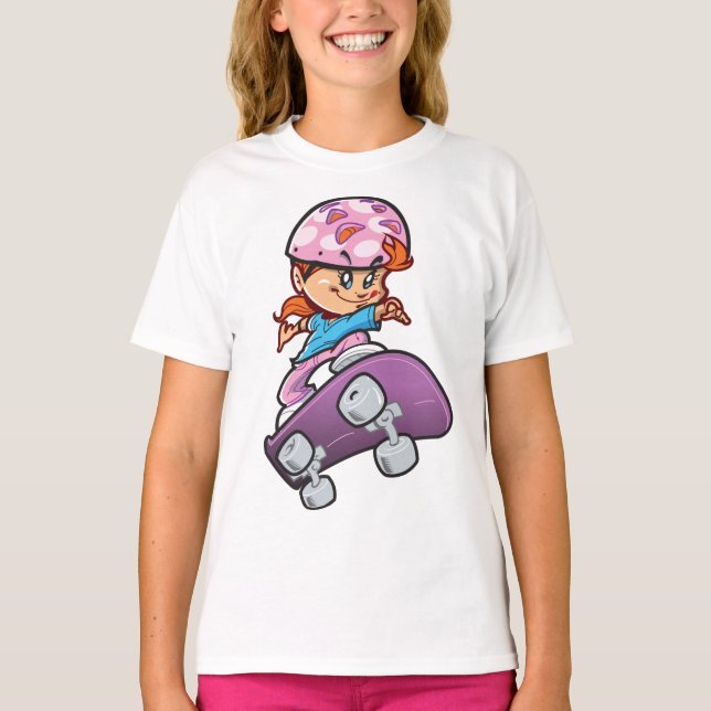 Camiseta Menina Skatista Diversão Capacete Rosa Skate (Frente)