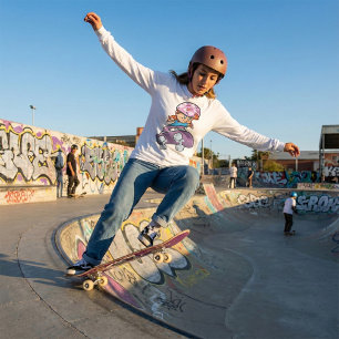 Camiseta Menina Skatista Diversão Capacete Rosa Skate