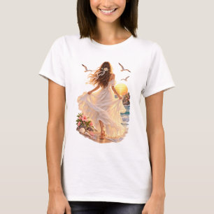 Camiseta Menina Sonhadora do Pôr do Sol em Vestido Branco