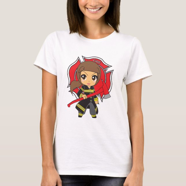 Camiseta Menina triguenha do sapador-bombeiro de Kawaii - (Frente)