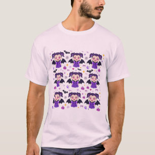 Camiseta Menina Vampira Fofa Padrão de Halloween Roxo