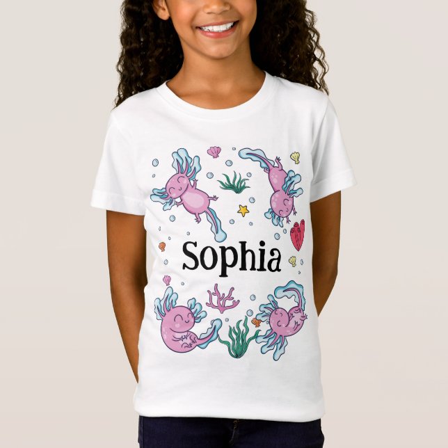 Camiseta Meninas Cute e Moderno Rosa Axolotl e Crianças de  (Frente)