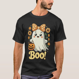 Camiseta Meninas Fantasmas Boo Halloween Coquette Arco Flor