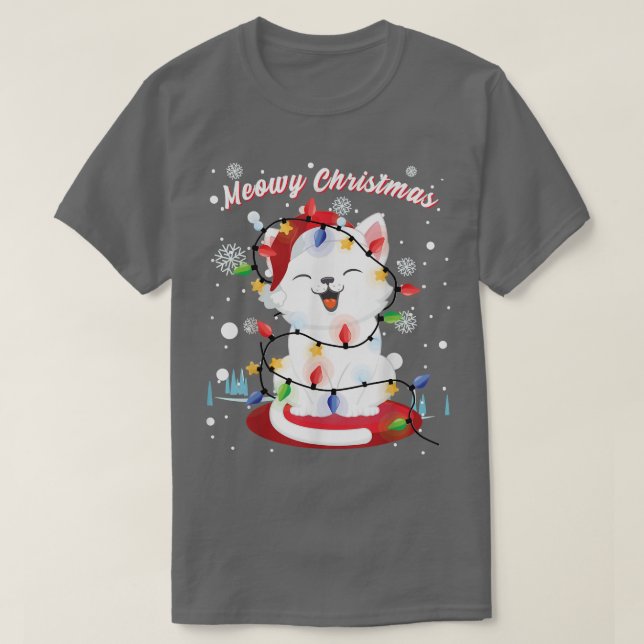 Camiseta Meninas Gatos Luzes de Natal gatinho Retrato S (Frente do Design)