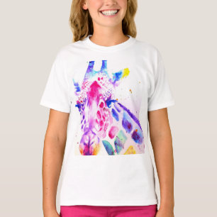 Camiseta Meninas Girafa Aquarela Roxo Fofo Animal de Zoológ