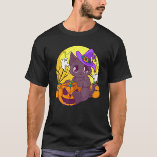 Camiseta Meninas Halloween Gato Pumpkin Bruxa de Chapéu Lar