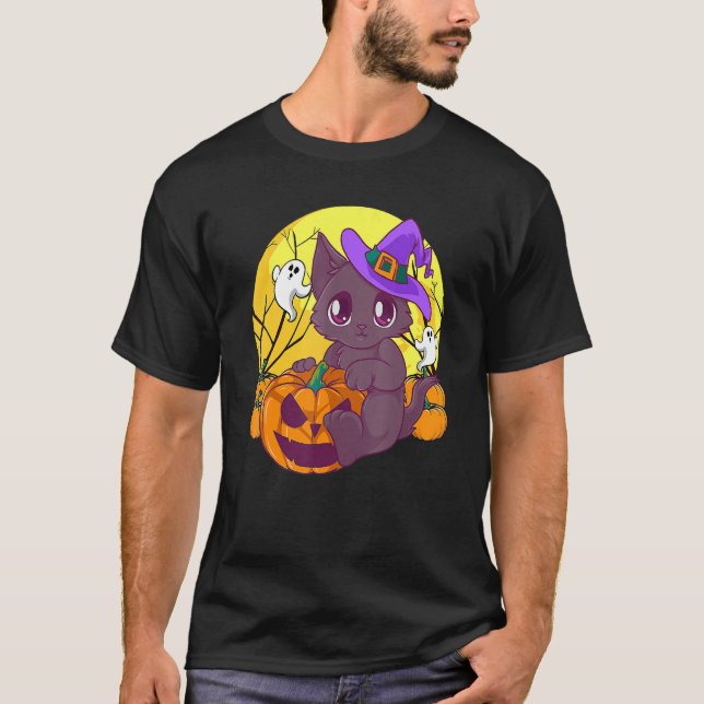 Camiseta Meninas Halloween Gato Pumpkin Bruxa de Chapéu Lar (Frente)