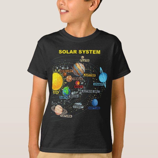 Camiseta Meninas - Planetas Gráficos do Sistema Solar Área (Frente)