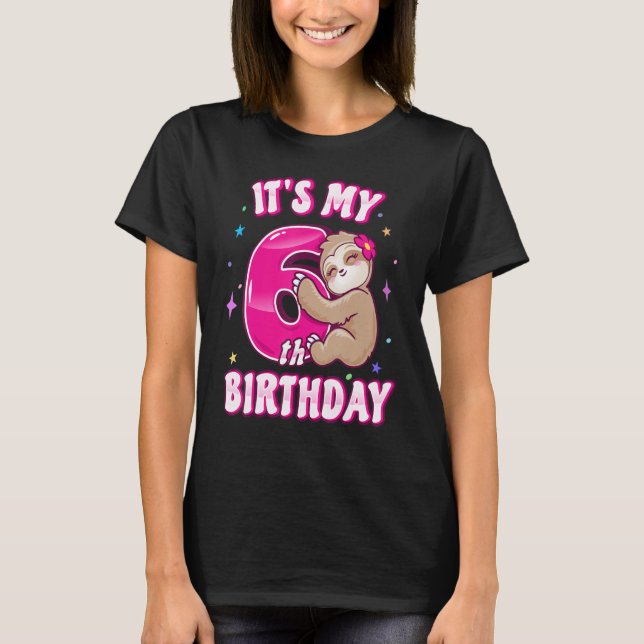 Camiseta Meninas Sexto Aniversário É Meu 6 Bday Pink Sloth  (Frente)