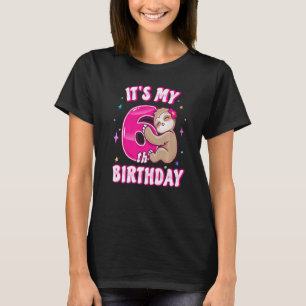 Camiseta Meninas Sexto Aniversário É Meu 6 Bday Pink Sloth 