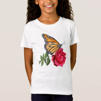 Camiseta Meninas T-Shirt com Borboleta Monarca na Rosa verm