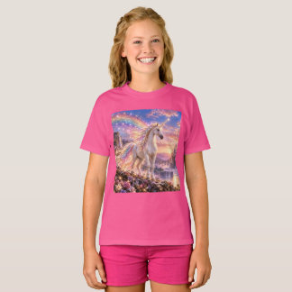 Camiseta Meninas Unicórnio Arco-Íris Encantado Rosa