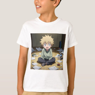 Camiseta Menino Anime Fofo Surpreso em Quarto Bagunçado – E