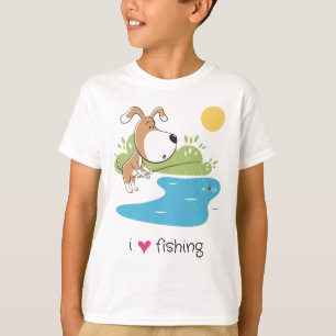 Camiseta Menino Cão de Desenho Animado Pescando no