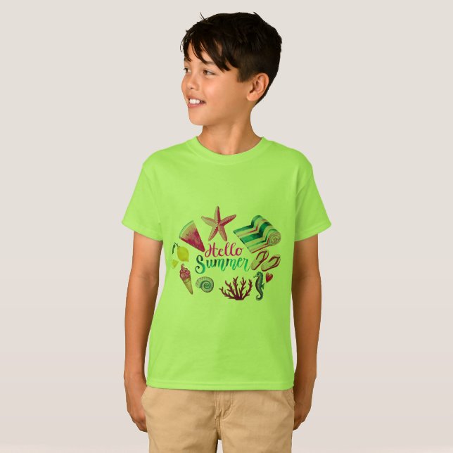Camiseta Menino Tropical Olá Verão - Verde Vibrant (Frente Completa)