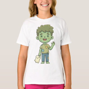 Camiseta Menino Zumbi Fofo Acenando com Fantasma Amigável