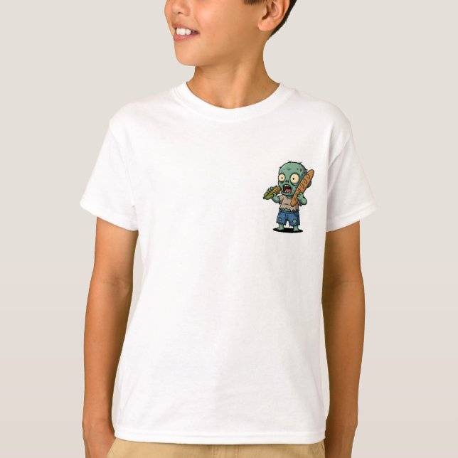 Camiseta Menino Zumbi Segurando Pão para Crianças (Frente)