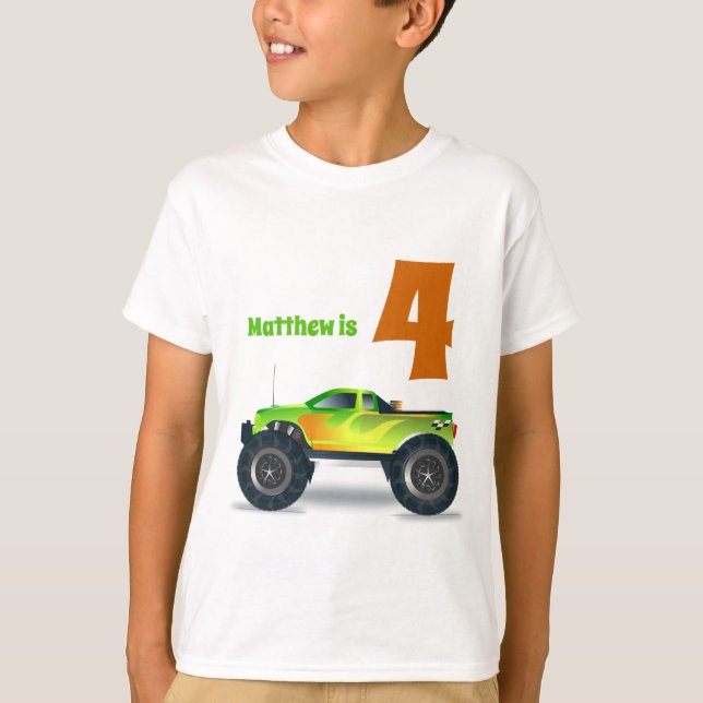 Camiseta Meninos 4º Aniversário MONSTER TRUCK Adicione Nome (Frente)