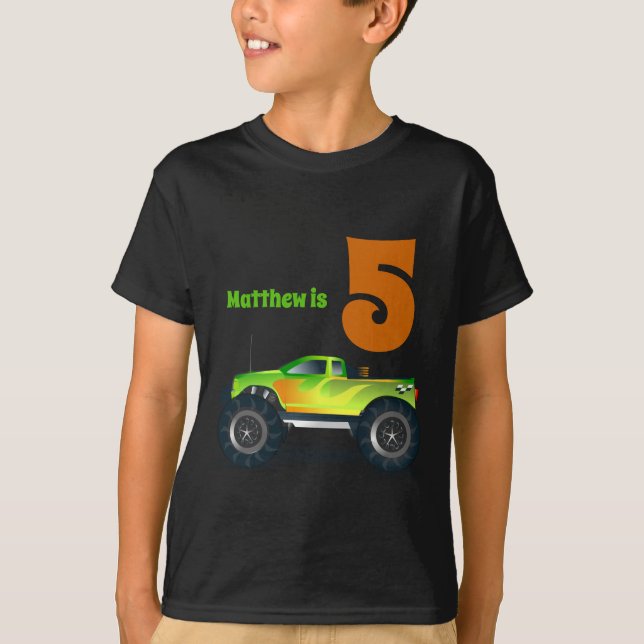 Camiseta Meninos 5 Birthday MONSTER TRUCK Adicionar Nome (Frente)