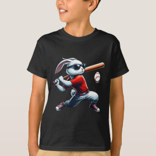 Camiseta Meninos Feliz Páscoa Coelho Jogando Beisebol Leste