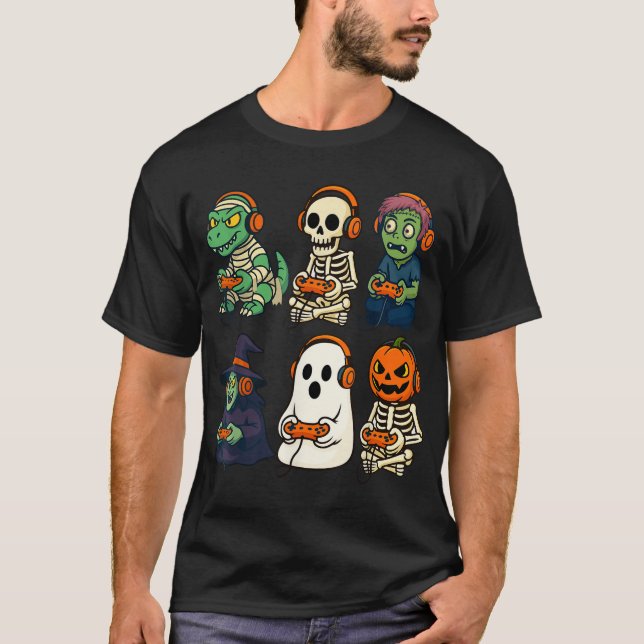 Camiseta Meninos Halloween Crianças Gamer Dinossaur Skeleto (Frente)