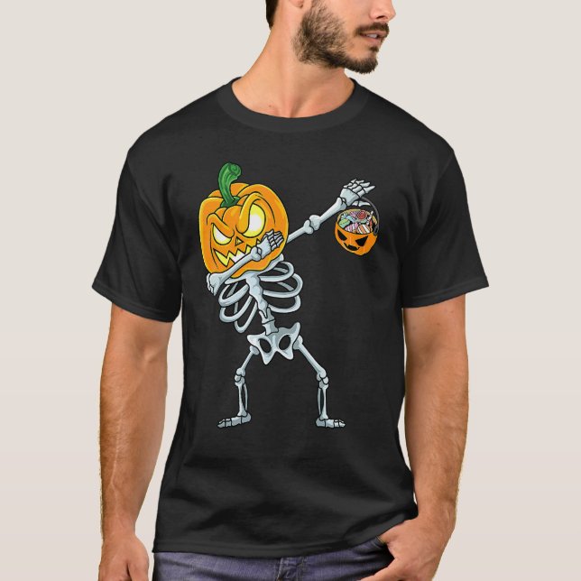Camiseta Meninos Halloween Dabbing Skeleton Pumpkin Jack O  (Frente)