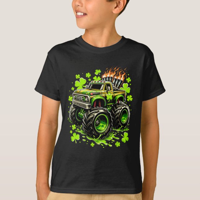 Camiseta Meninos Monstro Caminhão Verde Shamrock St Patrick (Frente)