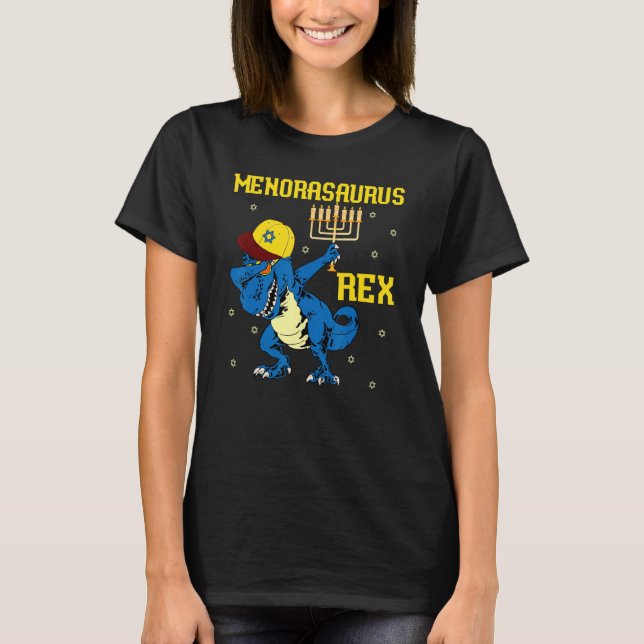 Camiseta Menorasaurus Rex  Dinossauro Rex Menora de Hanukka (Frente)