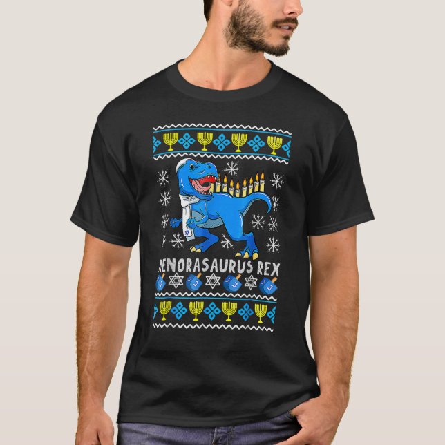 Camiseta Menorasaurus Rex Trex Menorah Ugly Hanukkah Chanuk (Frente)