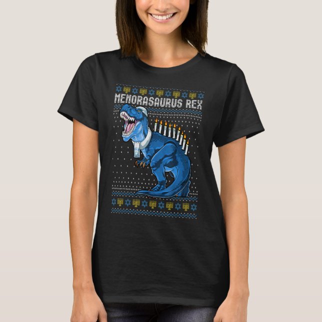 Camiseta Menorasaurus Rex Ugly Hanukkah Dinossauro (Frente)