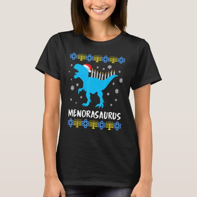 Camiseta Menorasaurus Rex Ugly Hanukkah Dinossauro (Frente)