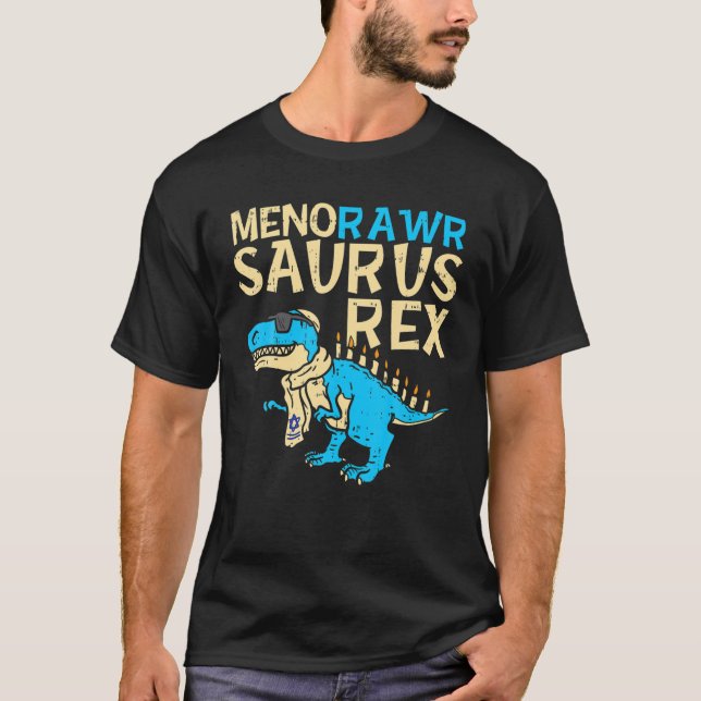 Camiseta Menorawr Saurus Rex Jewaur Dinosaur Hanukkah Kids (Frente)