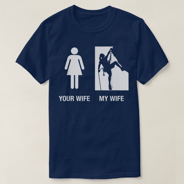 Camiseta Mens A Sua Esposa Sobe A Minha Esposa. (Frente do Design)