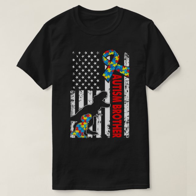 Camiseta Mens Afetados Dinossauro Autismo Irmão EUA Bandeir (Frente do Design)