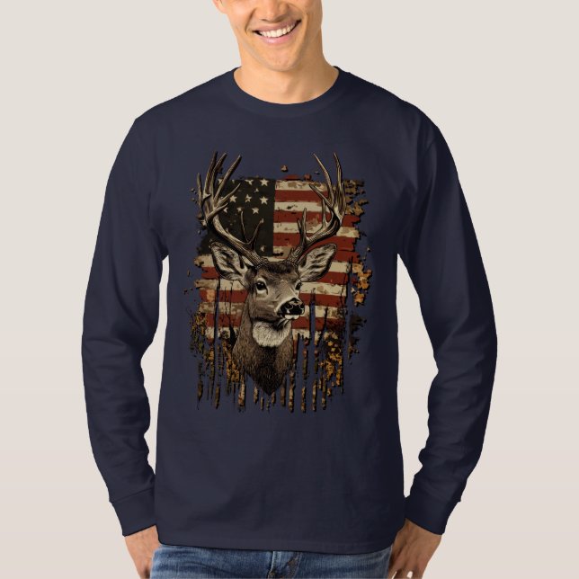 Camiseta Men's American Flag Deer Hunting Tee, Long Sleeves (Frente)
