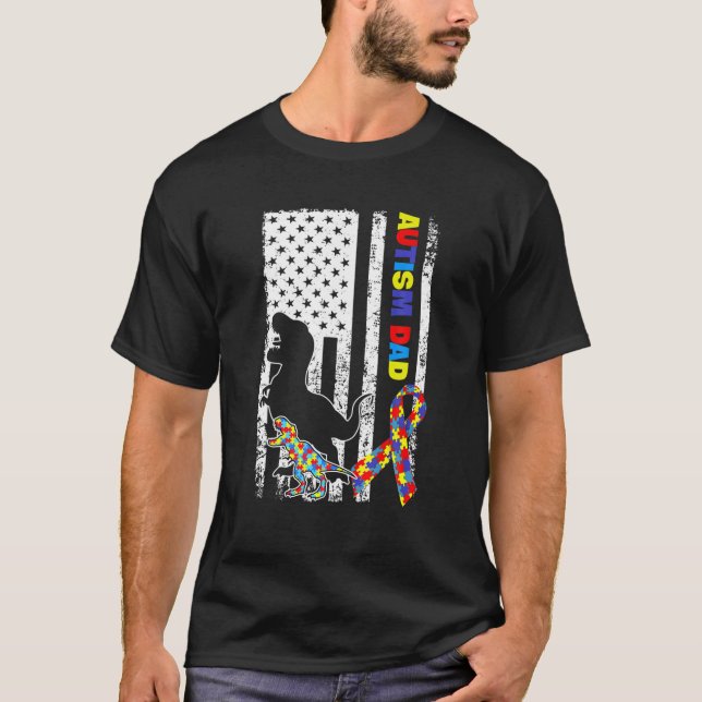 Camiseta Mens American Flag E Dinossaur T-rex Autism Aware (Frente)